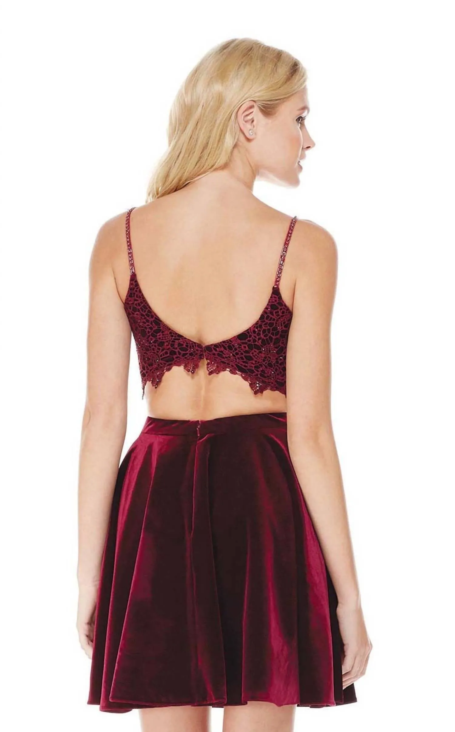 Alyce Paris - Lace Crop Top Short Velvet Dress