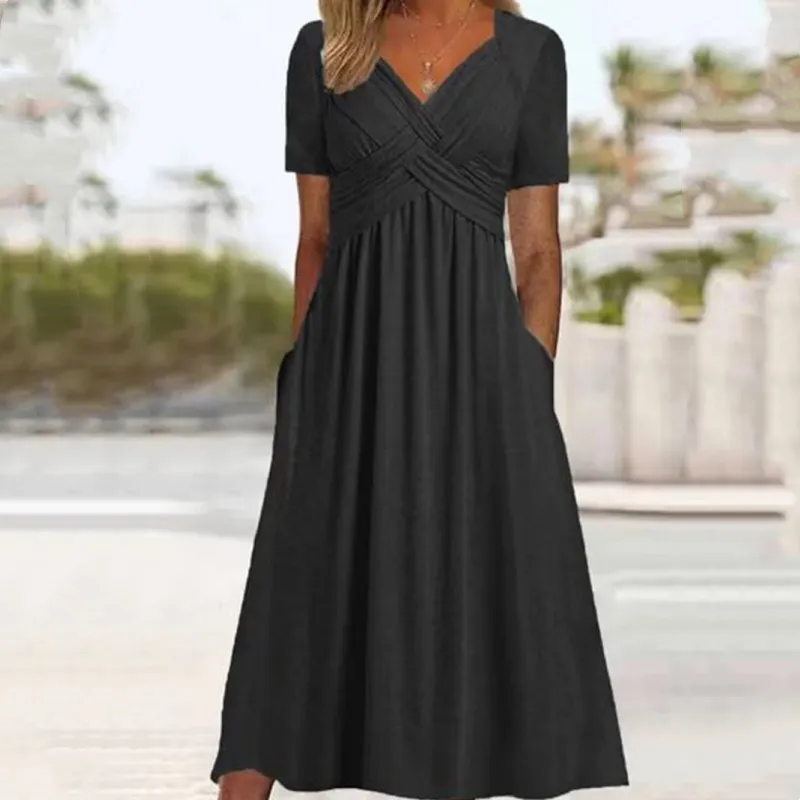 🔥Buy 2 get 10% off🔥Women’s V-Neck Short Sleeve Long Dresses – Elegant & Comfortable!