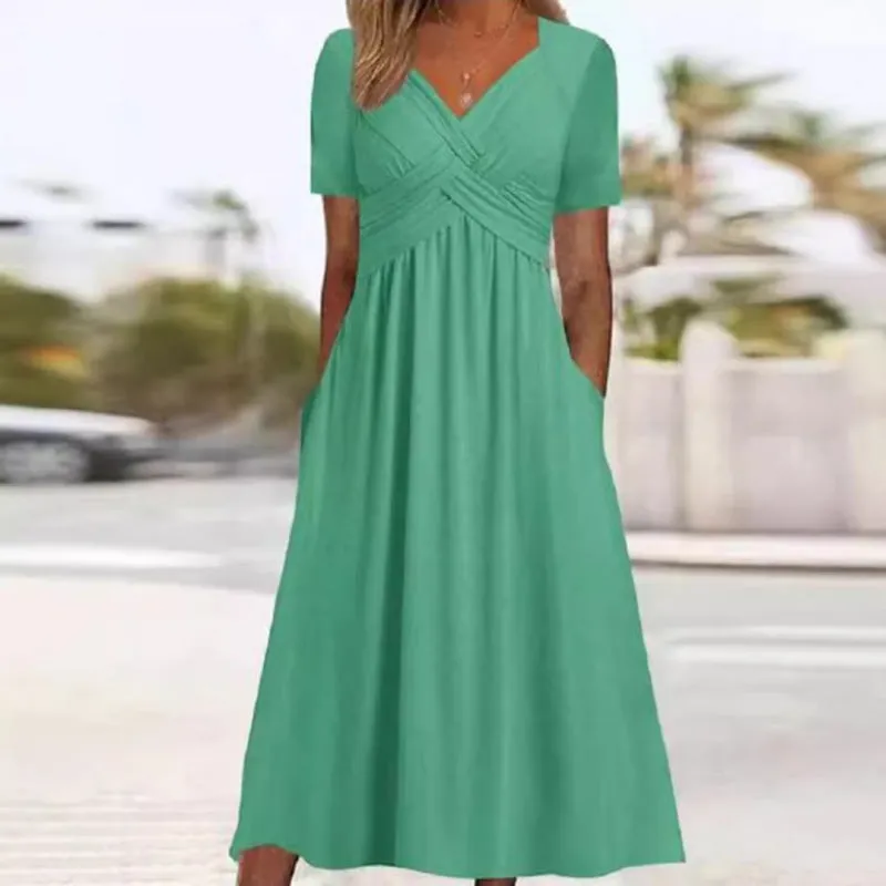🔥Buy 2 get 10% off🔥Women’s V-Neck Short Sleeve Long Dresses – Elegant & Comfortable!