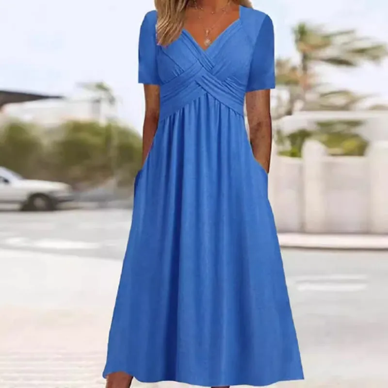 🔥Buy 2 get 10% off🔥Women’s V-Neck Short Sleeve Long Dresses – Elegant & Comfortable!