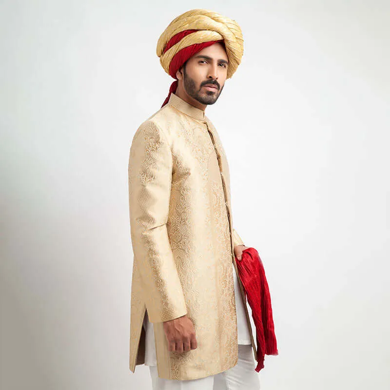 Champagne Gold Brocade Short Sherwani by Arsalan Iqbal