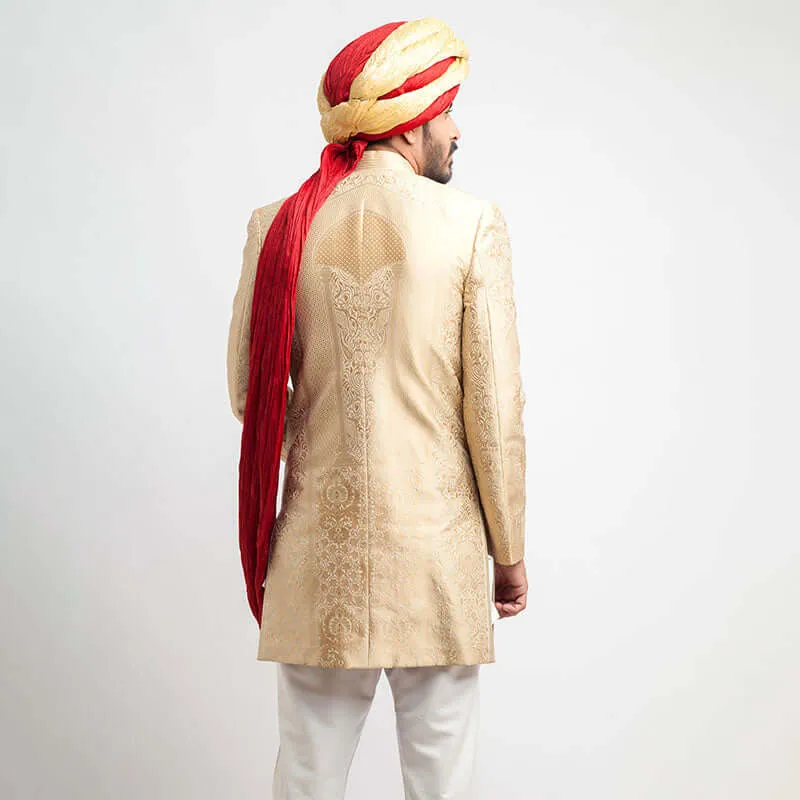 Champagne Gold Brocade Short Sherwani by Arsalan Iqbal