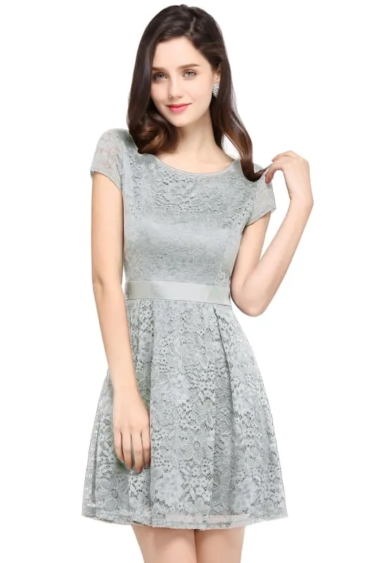 Chic Crew Neck Lace Mini Party Dress with Sash Short Formal Dress