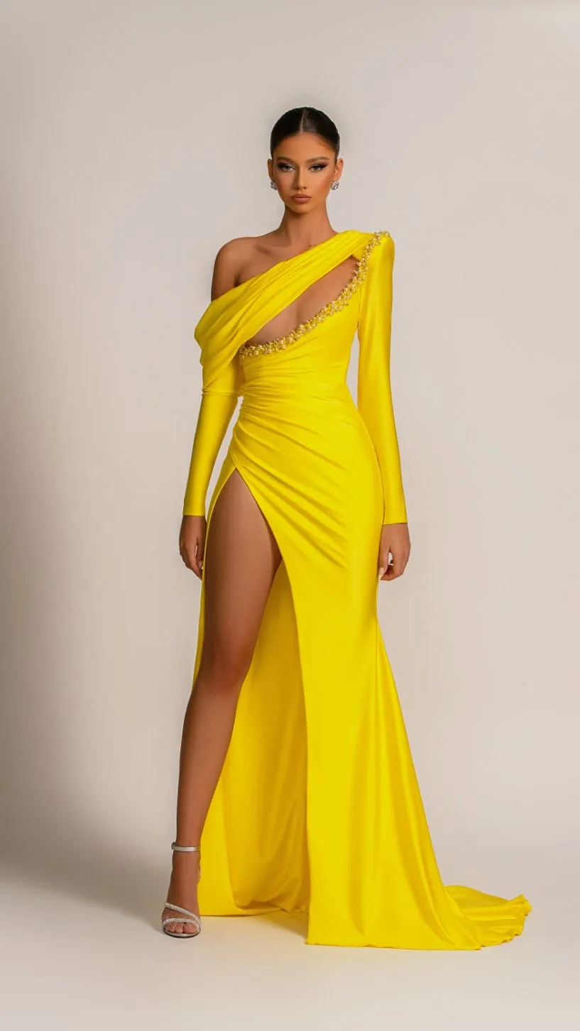 Colette Elegant Long Sleeves Yellow  Evening Dress