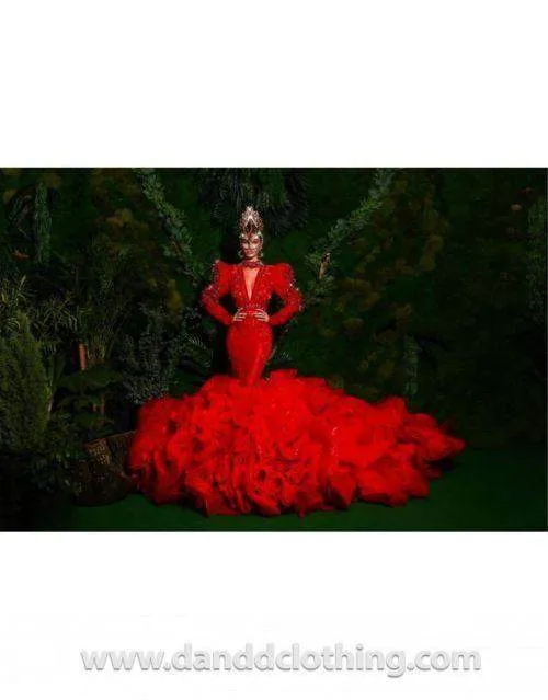 Luxury Evening Dress Red Ruffles