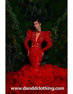 Luxury Evening Dress Red Ruffles