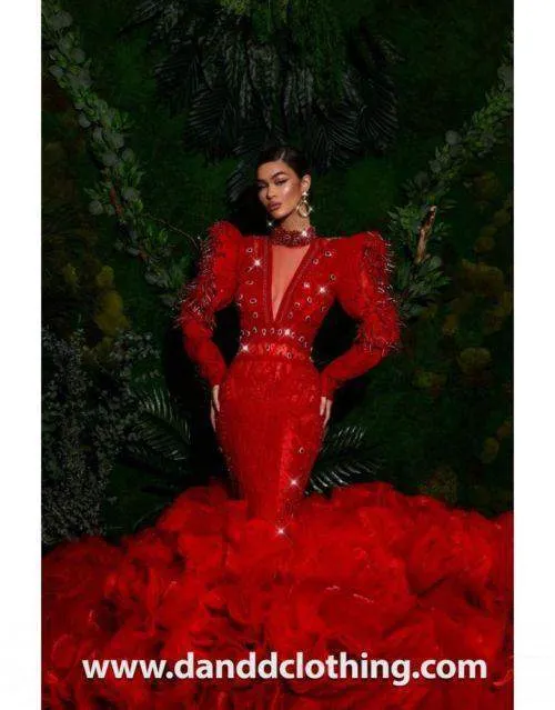 Luxury Evening Dress Red Ruffles