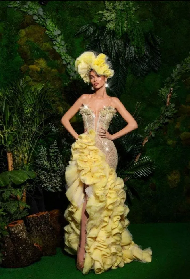 Luxury Evening Dress Yellow with Headgear