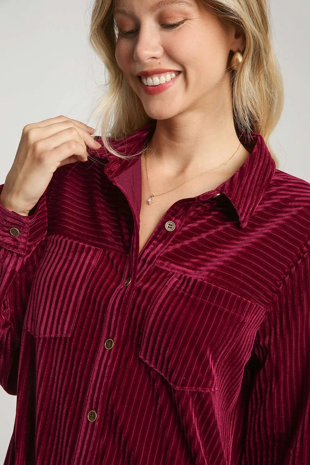 Maroon Textured Button-Down Shirt Dress with Curved Hem
