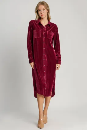 Maroon Textured Button-Down Shirt Dress with Curved Hem