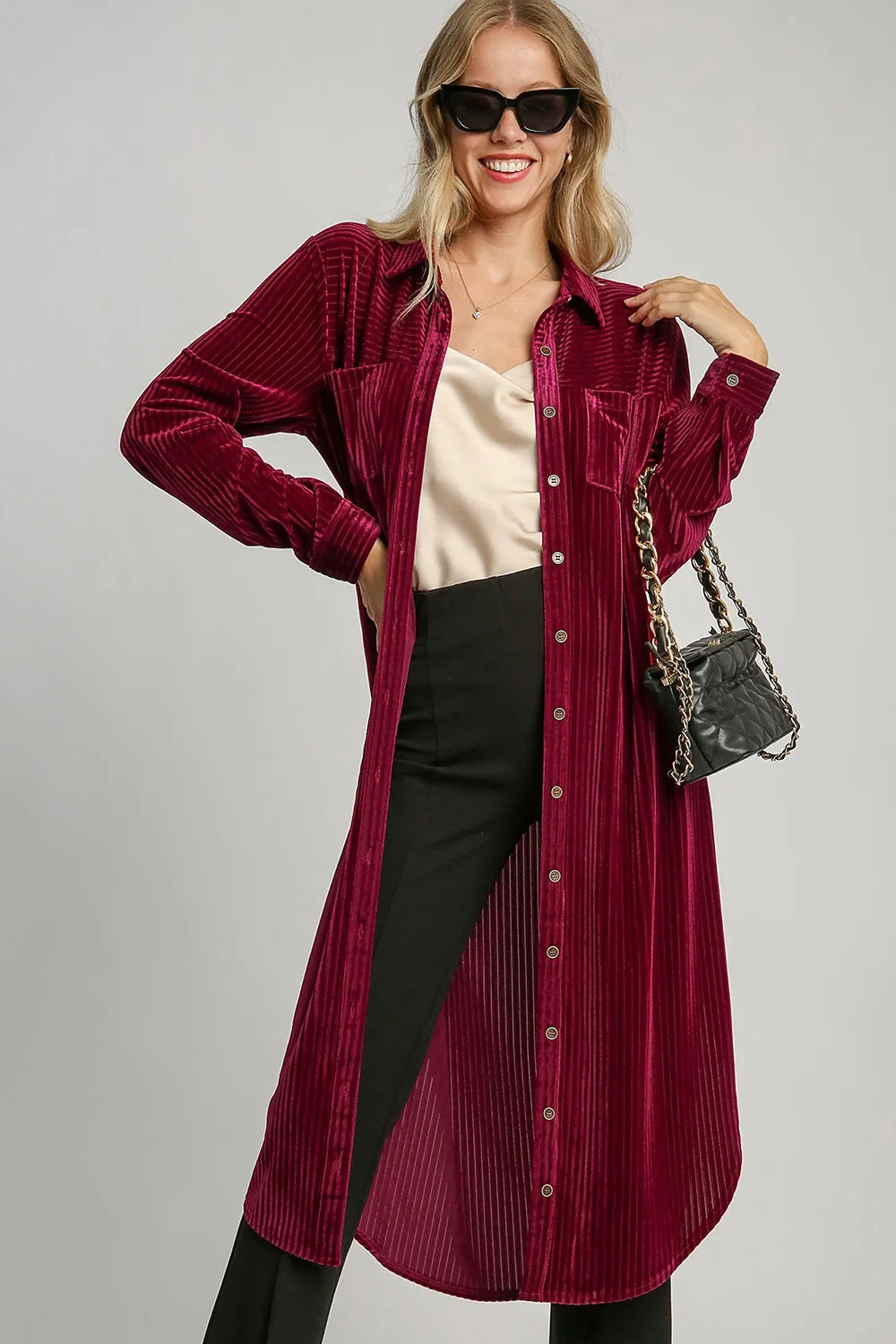 Maroon Textured Button-Down Shirt Dress with Curved Hem