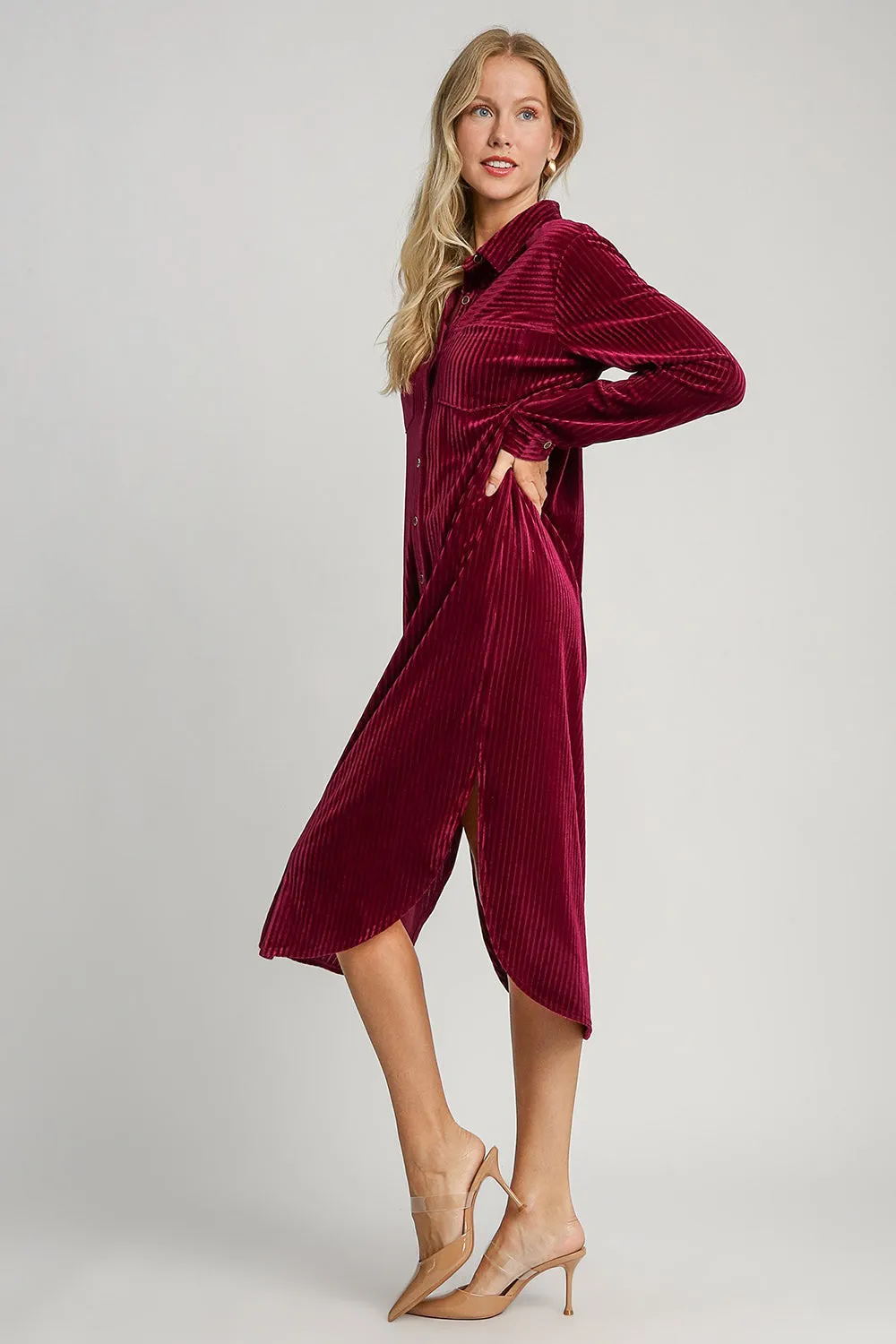 Maroon Textured Button-Down Shirt Dress with Curved Hem