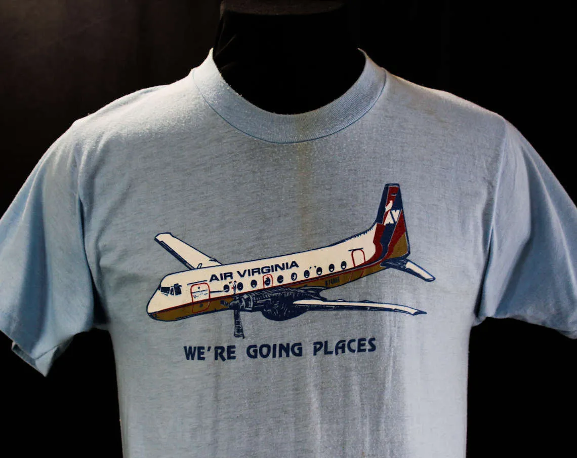 Men's Small Airplane TShirt - Air Virginia Airlines Vintage Tee - Short Sleeved Mens Summer Top - Retro Graphic - Chest 37 - 46406