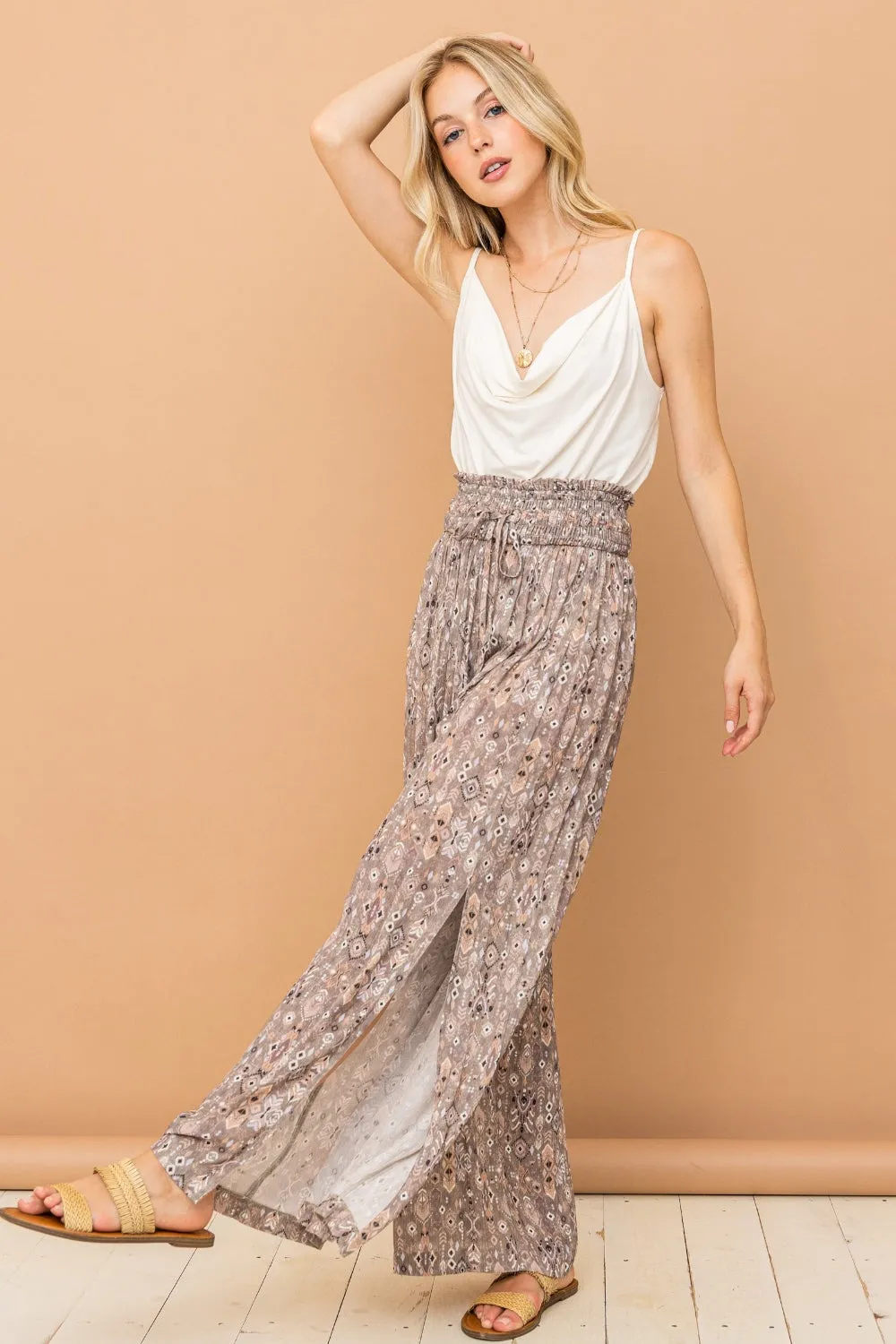 ONLINE EXCLUSIVE Printed Smocked Waist Slit Wide Leg Pants
