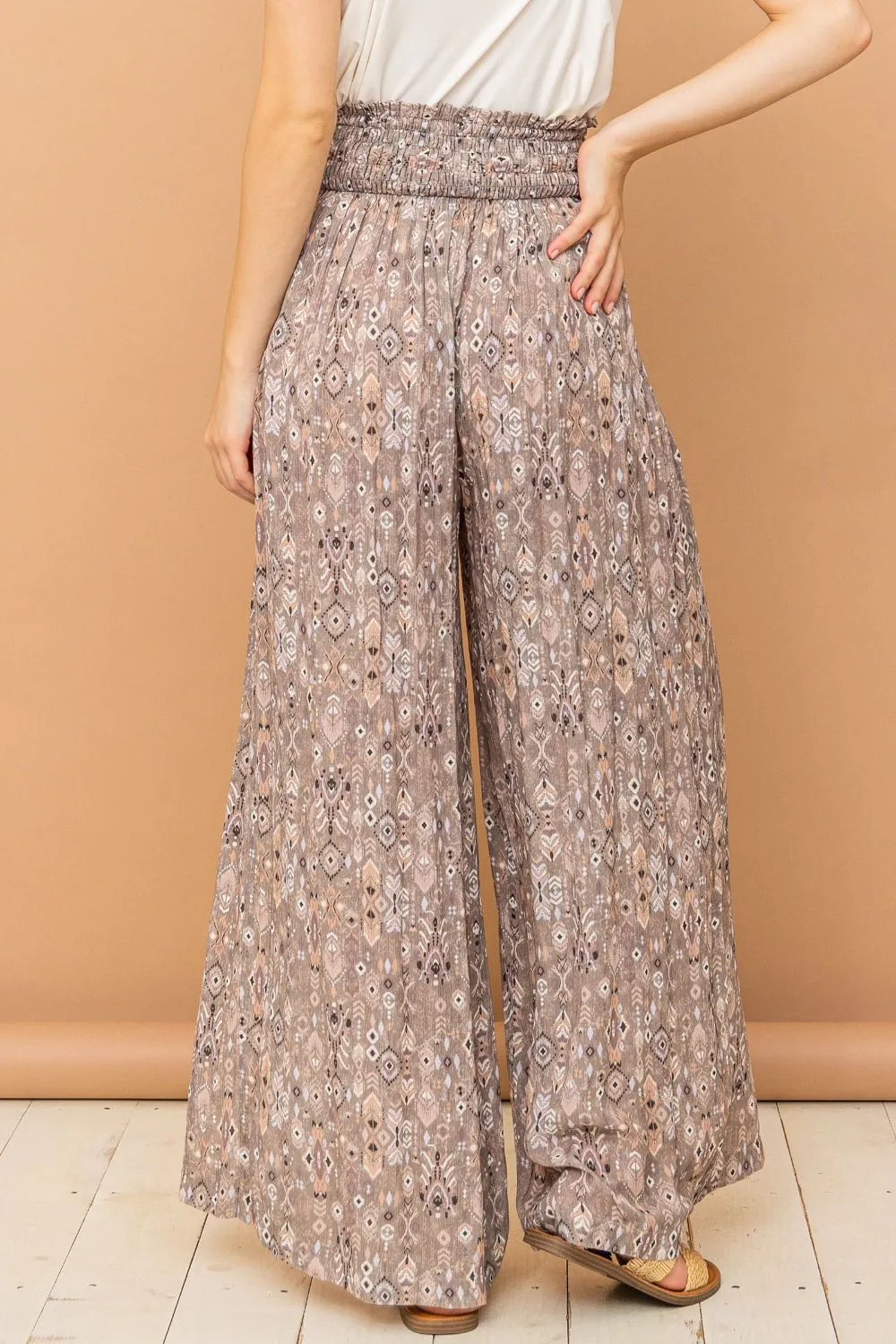 ONLINE EXCLUSIVE Printed Smocked Waist Slit Wide Leg Pants