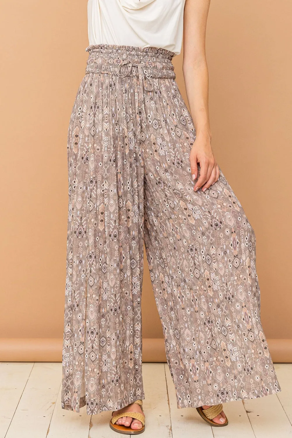 ONLINE EXCLUSIVE Printed Smocked Waist Slit Wide Leg Pants