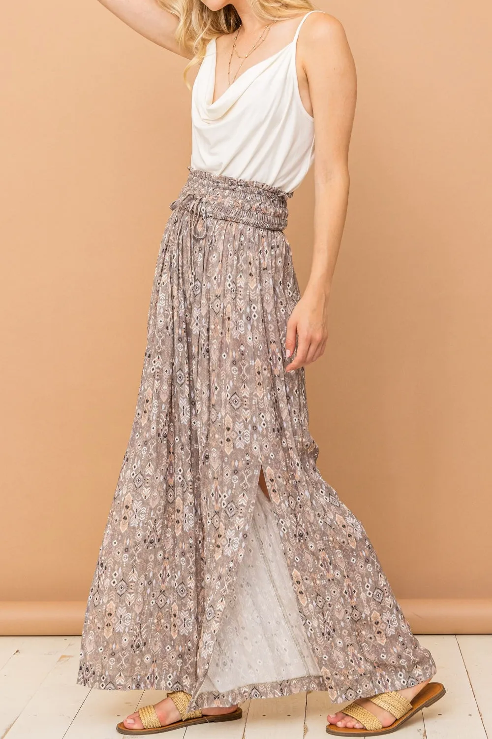 ONLINE EXCLUSIVE Printed Smocked Waist Slit Wide Leg Pants