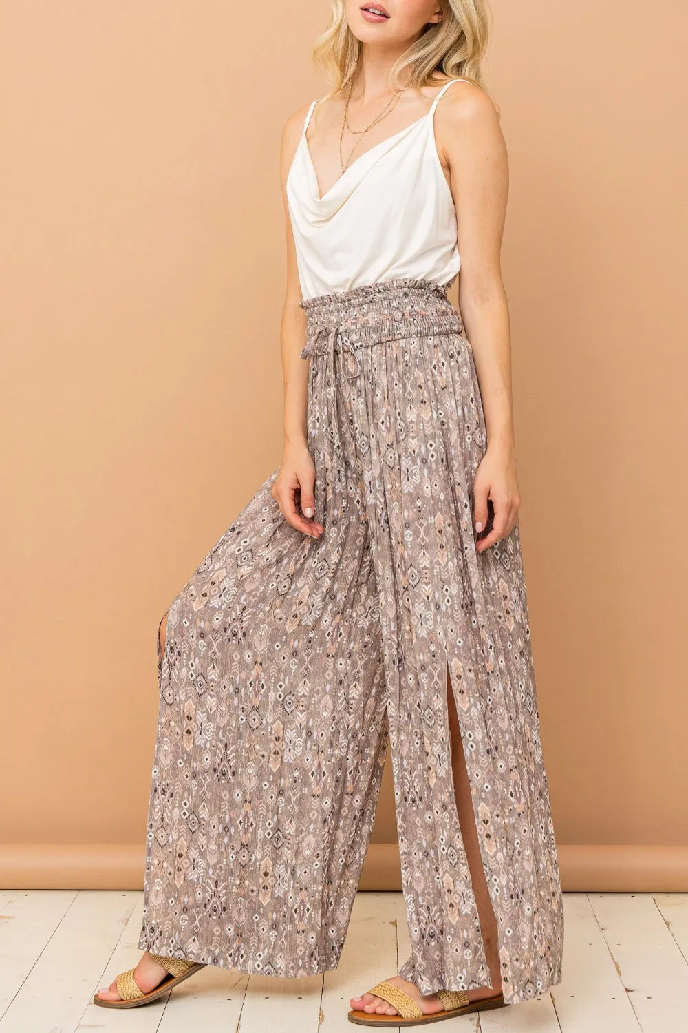 ONLINE EXCLUSIVE Printed Smocked Waist Slit Wide Leg Pants