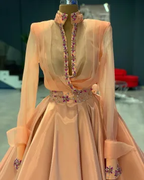 Sara High Neck A Line Long Sleeve  Evening Dress