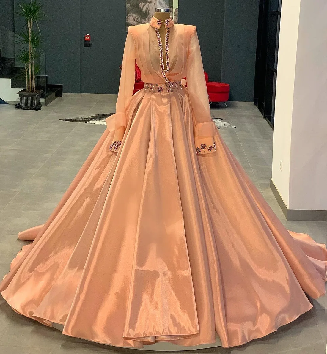 Sara High Neck A Line Long Sleeve  Evening Dress