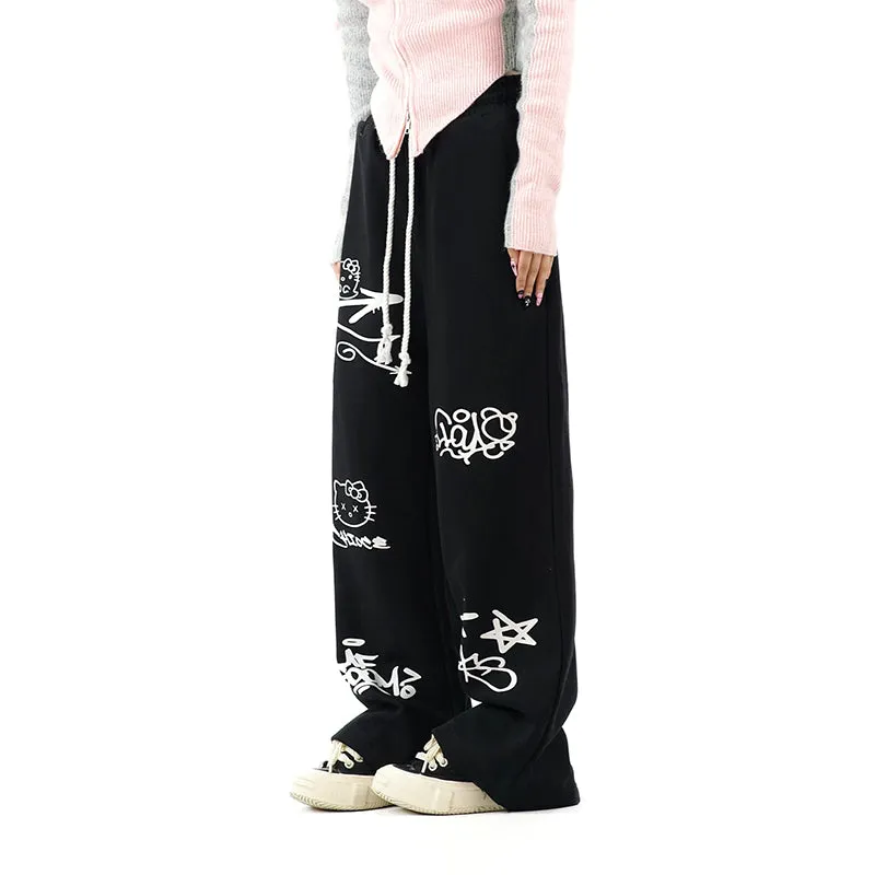 Sweet Girl Style Graffiti Hello Kitty Printed Straight Pants