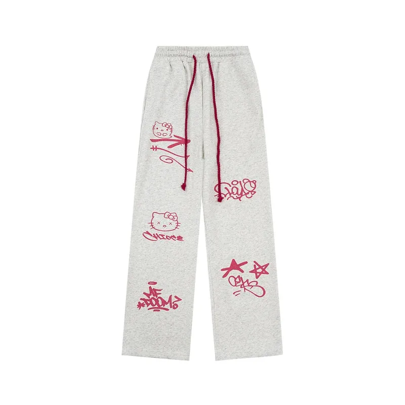 Sweet Girl Style Graffiti Hello Kitty Printed Straight Pants