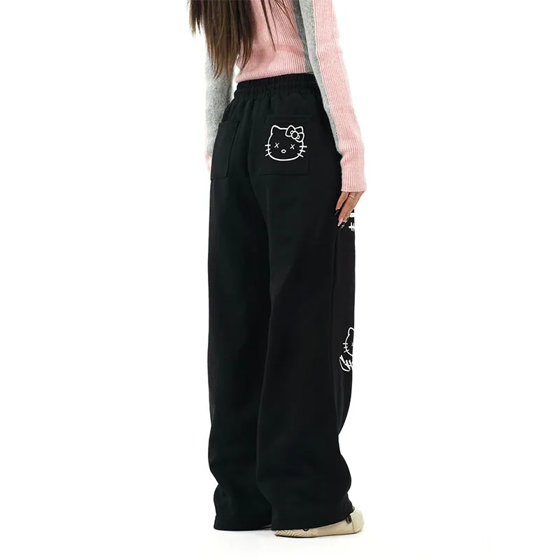 Sweet Girl Style Graffiti Hello Kitty Printed Straight Pants